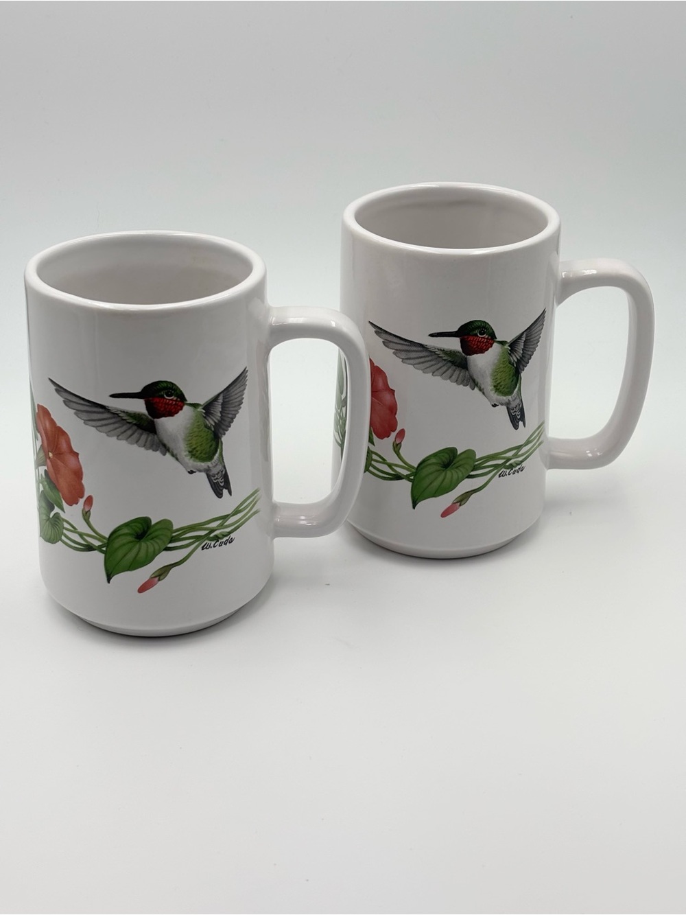 Crossroad  San Francisco White Hummingbird Ceramic Mug Floral Accent Set of 2